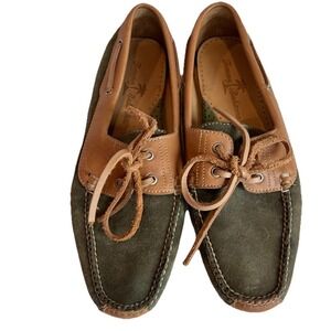 Y2K Tommy Bahama Women Suede Leather Driving Loafers Olive Tan Size‎ 6.5M